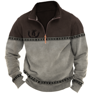 Men's Vintage Quarter Zip Chic Aztec Ethnic Horseshoe Print Long Sleeve Sweatshirt