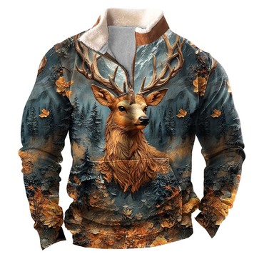 Men's Vintage Forest Elk Print Chic Fleece Collar Quarter Zip Stand Collar Ugly Christmas Sweatshirt