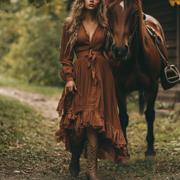 Women's Boho V Neck Chic Ruffled Country Maxi Dress Caramel