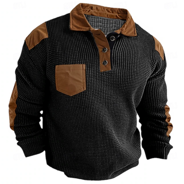 Men's Waffle Polo Shirt Chic Long Sleeve Vintage Fashion Button Pocket Spring & Fall Black Polo Shirt