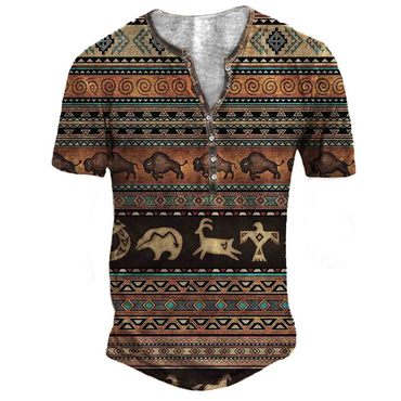 Men's Outdoor Vintage Western Chic Aztec Print Henley T-shirt