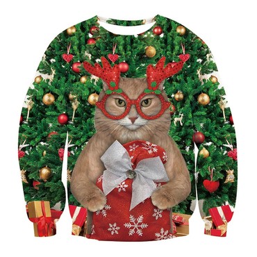 Unisex Cat With Glasses Print Chic Crew Neck Ugly Christmas Sweatshirt