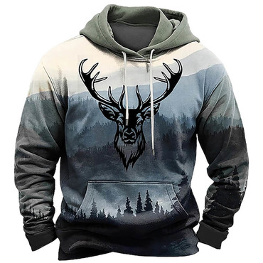 Men's Vintage Forest Deer Chic Head Hunting Print Pocket Long Sleeve Hoodie