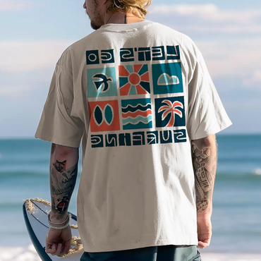 Retro Seaside Surfing Stick Chic Figure Printed T-shirt