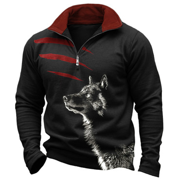 Men's Vintage Wolf Scratch Chic Quarter Zip Stand Collar Sweatshirt