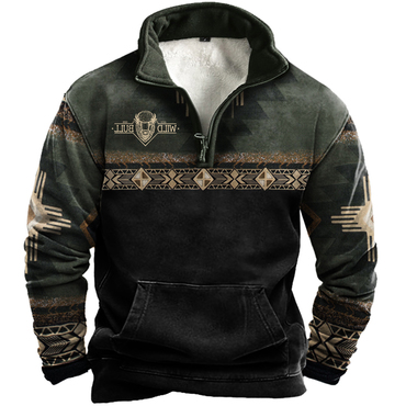 Men's Vintage Western Cowboy Chic Colorblock Zipper Lapel Sweatshirt