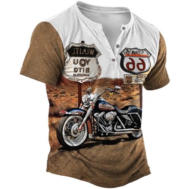 Men's Vintage Route 66 Chic Eagle Motorcycle Color Block Print Henley Short Sleeve T-shirt