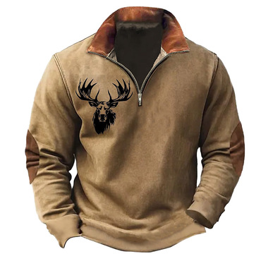 Men's Vintage Moose Color Chic Block Quarter Zip Stand Collar Sweatshirt