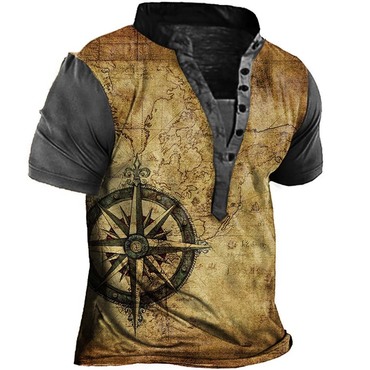 Plus Size Men's Vintage Chic World Map Compass Print Henley T-shirt