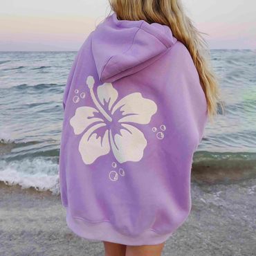 Women's Vintage Hibiscus Chic Flower Towel Embroider Oversized Long Sleeve Hoodie