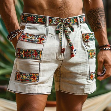 Men's Vintage Cotton Ethnic Chic Aztec Hippie Print Casual Elastic 5 Inch Shorts