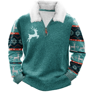 Elk Christmas 1/4 Zip Chic Stand Fleece Collar Thick Sweatshirt