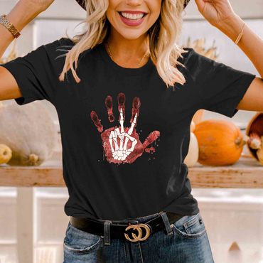 Women's Vintage Halloween Bloody Chic Hand Skeleton Short Sleeve Crew Neck T-shirt