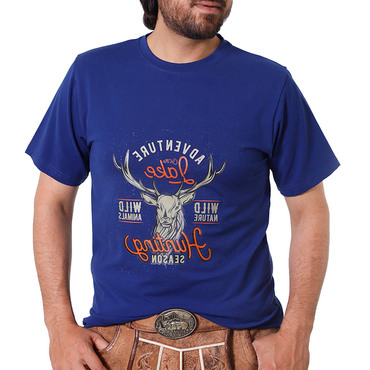 Men's Vintage Royal Blue Chic Celebrating Bavarian Deer Hunting Print Crew Neck Short Sleeve T-shirt