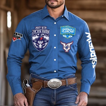 Men's Western Cowboy Outdoor Chic Pbr Teams New York Long Sleeved Blue Shirts