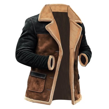 Men's Vintage Suede Color Chic Block Shearling Fleece Fur Reverse Collar Mid-length Layer Coat Jacket