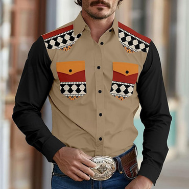 Men's Vintage Western Aztec Chic Geometric Print Pocket Casual Long Sleeve Shirt