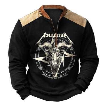 Men's Vintage Rock Band Chic Goat Print Color Block Henley Zipper Long Sleeve Sweatshirt