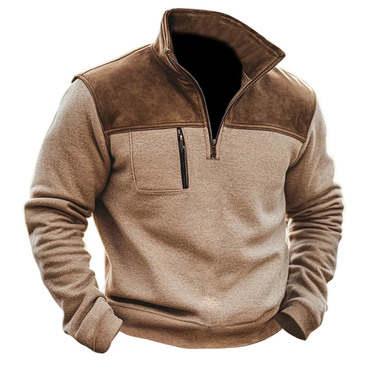 Men's Vintage Paneled Suede Chic Pocket Zipper Stand Collar Sweatshirt