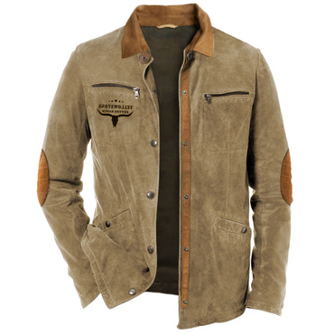 Men's Retro Yellowstone Chic Zipper Pocket Elbow Patch Shirt Jacket Outdoor Mid-length Casual Lapel Outerwear