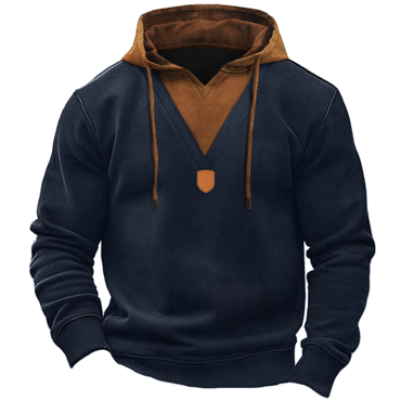 Men's Retro Patchwork V-neck Chic Leather Label Hoodie