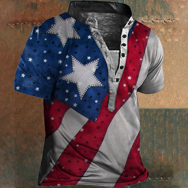 American Flag Print Men's Chic Vintage Henley Collar T-shirt