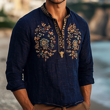 Men's Outdoor Elegant Gentleman Chic Beach Ethnic Patterns Dark Blue Henley Linen Shirts