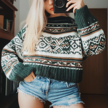 Women's Vintage Green Ethnic Chic Style Christmas Print Round Neck Oversized Sweatshirt