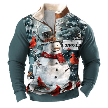 Men's Vintage Snowman Red Chic Bird Print Fleece Collar Quarter Zip Stand Collar Ugly Christmas Sweatshirt