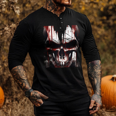 Men's Vintage Horror Skull Chic Halloween Henley Long Sleeve T-shirt