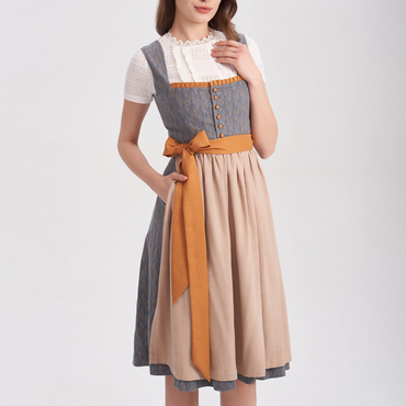 Women's Vintage Oktoberfest Printed Chic Bow Square Neck Gray Dirndl Dress No Lace Top Included