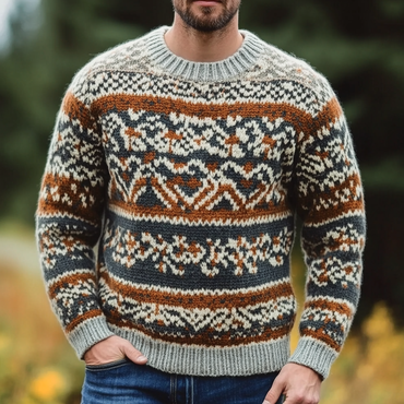 Men's Vintage Knitted Geometric Chic Pattern Round Neck Long Sleeve Sweater