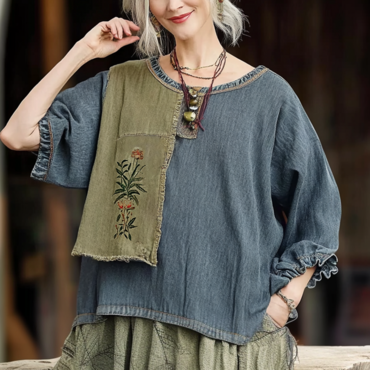 Women's Vintage Loose-leaf Patchwork Chic Western Floral Print Cotton Linen Boho Loose Shirt