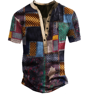 Vintage Ethnic Pattern Check Print Chic Men's Outdoor Henley Collar Short Sleeve T-shirt