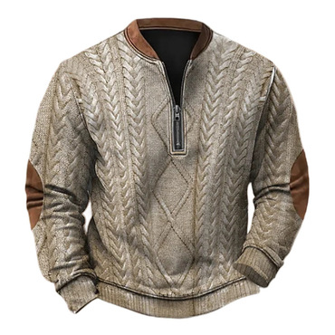 Men's Vintage 3d Print Chic Color Block Henley Zipper Long Sleeve Sweatshirt