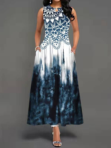 Casual Floral Print Crew Neck Chic Sleeveless Maxi Dress