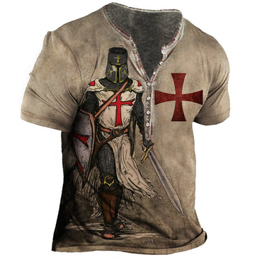 Plus Size Men's Vintage Chic Templar Cross Henley Collar T-shirt