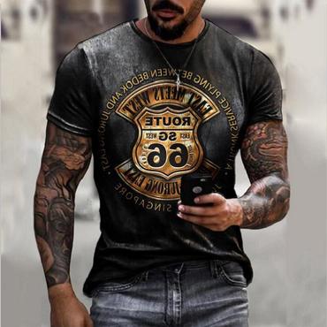 Men's Vintage Route 66 Chic Letter Print Short Sleeve T-shirt