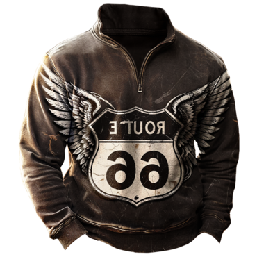 Men's Vintage Quarter Zip Chic Route 66 Wings Print Sweatshirt