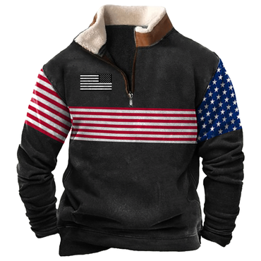 Men's American Flag Printed Chic Lamb Wool Collar Zipper Sweatshirts