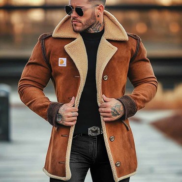 Men's Vintage Suede Shearling Chic Fleece Wool Fur Lapel Collar Mid-length Coat Sherpa Lined Jacket