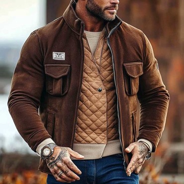 Men's Vintage Suede Western Chic Yellowstone Multi-pocket Stand Collar Outdoor Jacket