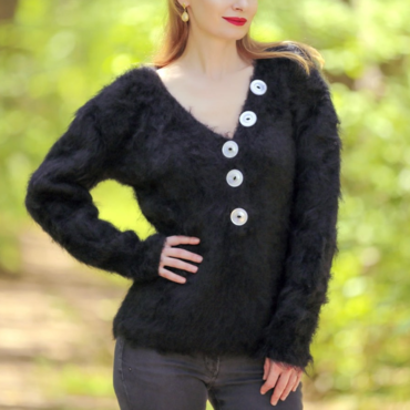 Ladies Vintage Long-sleeved Button Chic Black V-neck Oversized Knitted Mohair Sweater