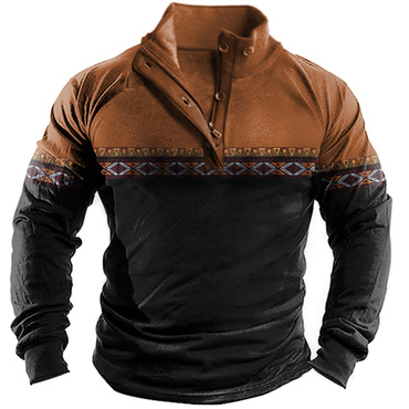 Men's Aztec Print Stand Collar Chic Long Sleeve T-shirt