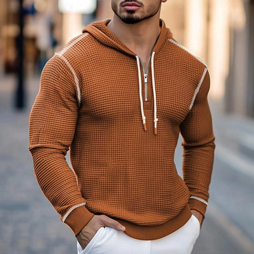 Men's Vintage Waffle Knit Chic Long Sleeve Half Zip Hoodie