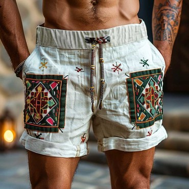 Men's Vintage Cotton Ethnic Chic Aztec Hippie Print Casual Elastic 5 Inch Shorts