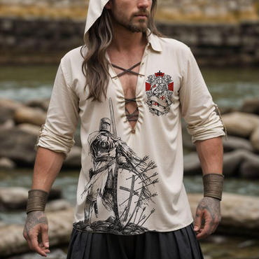 Men's Templar Printed V-neck Chic Cotton Linen Shirt