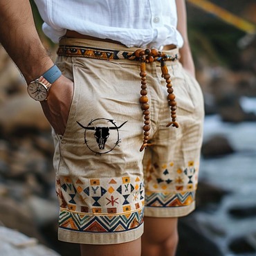 Men's Vintage Ethnic Aztec Chic Bull Head Skull Print Surf Shorts Beach Vacation Daily Hawaii Casual Walkshort