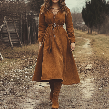 Ladies Vintage Western Style Chic Pastoral Shirt Collar Pocket Rustic Boho Saddle Brown Chamois Dress