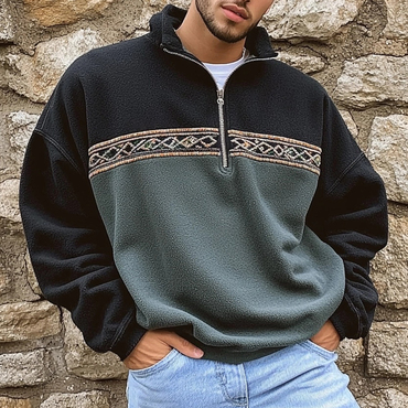 Unisex Polar Fleece Aztec Chic Contrast Color Retro Polo Sweatshirt